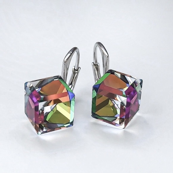 Any 4/$25! Silver Lever Back Multi-Color Crystal Cube Earrings - Picture 3 of 8